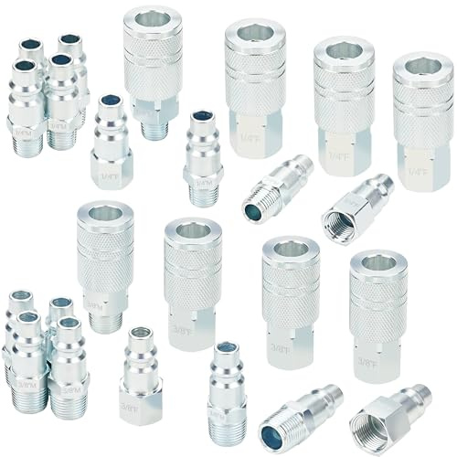 3/8 Inch Body Air Hose Quick Connect Fittings, 3/8 NPT Threads and 1/4 NPT Threads Couplers and Plugs, I/M Industrial Type 24PCS Air Compressor Accessories Kit
