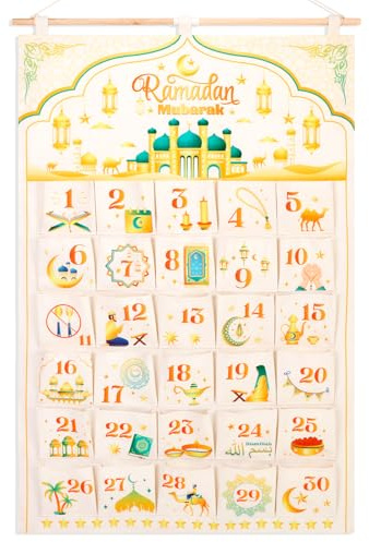 HOWAF Calendario Ramadan Decoracion Fieltro, Ramadan Calendario Adviento para Rellenar, Calendario de Adviento de Tela con 30 Bolsillos para Eid Mubarak Decoración Ramadan Mubarak, Oro Blanco, 10X10CM