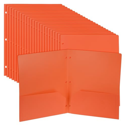 PATIKIL 24 Pcs Plastic Two Pocket Folders, 3 Hole Punch Durable Heavy Duty 2 Pocket File Folders, Letter Size Binder Index Divider with Business Card Slot for Office Home, Orange