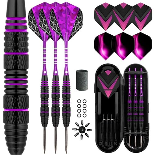 Lavishio Dart Metal Tip Set 3 Aluminum Dart Shafts Steel Tip Dart Set Professional Darts Steel Tip Set + Extra 3 Dart Flights 3 Replace Plastic Shafts (Black Purple)