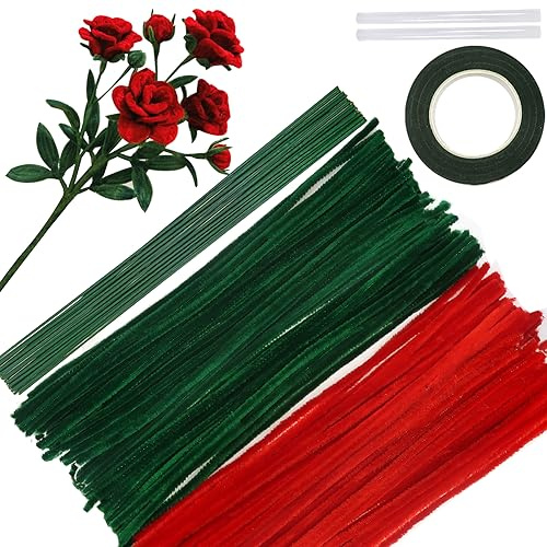 TOAOB 200pcs Pipe Cleaners for Craft Flowers Rose Bouquets Making Kit with Green Floral Wires Floral Tape 30cm Long Chenille Stems for DIY Art Home Projects Decorations