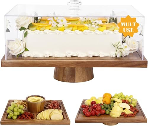 Présentoir à gâteau rectangulaire 2 en 1 en bois d'acacia avec couvercle – Plateau de service et présentoir à dessert en acrylique incassable (13 cm de haut), plateau de charcuterie pour fromage