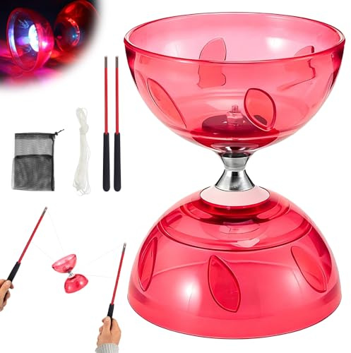 Diábolo profesional de 3 rodamientos, diábolo luminoso en la oscuridad, diábolo de juguete con luz, poste profesional, cuerda de repuesto de 10 m y bolsa de red para adultos, principiantes (rojo)