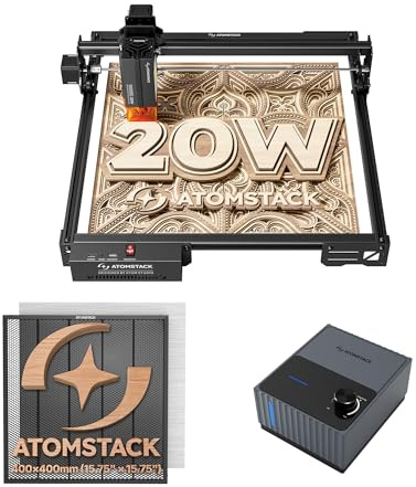 ATOMSTACK A20 PRO V2 Laser graviermaschine 20W Laser Cutter mit F80 60 L/min Luftunterstützungsset mit F4N 400*400mm Waben Laserbett, Entfernen Sie Rauch und Staub, um die Schneidleistung zu verbess