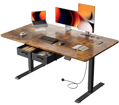 Precision Synergie Electric Standing Desk with 2 Drawers, 140 x 80 cm Height Adjustable Standing Desk with Power Outlets and USB Ports, Sit Stand Table with Memory Smart Pannel for Home Office, Brown