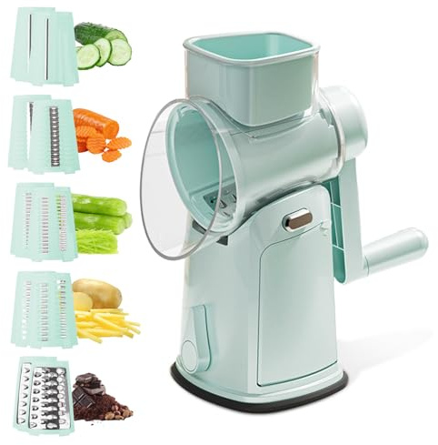 dellyy Tagliaverdure Manuale Multifunzionale, 5 Set di Lame Intercambiabili, Grattugia Formaggio e Verdure, Affetta Patate e Carote, Taglia Verdure Julienne, Utile per Cucina, Preparazione (Verde)