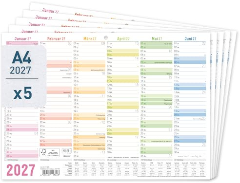 Häfft® 5 x Tafelkalender 2027 A4 quer - Jahresplaner Wandkalender aus 400g/m²-Karton, 1 Halbjahr pro Seite, Jahreskalender mit Feiertagen & Ferienübersicht für DE Rainbow