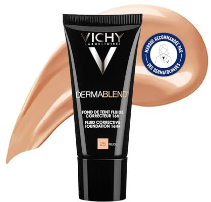 VICHY Teint-korrigierende, flüssige Foundation für normale bis unreine Haut, Deckt Rötungen und Unreinheiten ab, Ebenmäßiger Teint, Nicht komedogen, LSF35, Dermablend, Nude 25, 30 ml