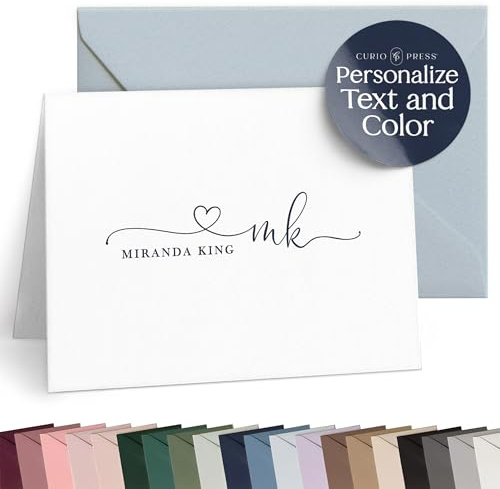 Curio Press Personalized Stationery for Women & Men - Folded Thank You Cards with Custom Notecards, Personalized Note Cards with Envelopes, Name and Monogram, Custom Stationery - Precious Mono Fold