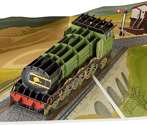 Cardology- Carte pop-up Train à vapeur | Carte d'anniversaire de train écossais volant, cartes de fête des pères, cadeaux de train pour hommes | Fait à la main, 15 X 20 cm
