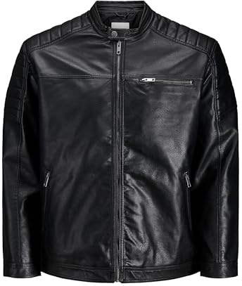 JACK & JONES Män konstläderjacka plus size konstläderjacka, svart, 5XL