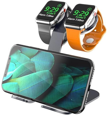 AODUKE 3 in 1 Dual iWatch Aluminum Stand, iPhone Charging Dock Holder, Compatible for iWatch Ultra 2, SE 2, Series 10 9 8 7 6 5 4 3 2 1 (49-38mm) Vertical Cell Phone Holder-04A