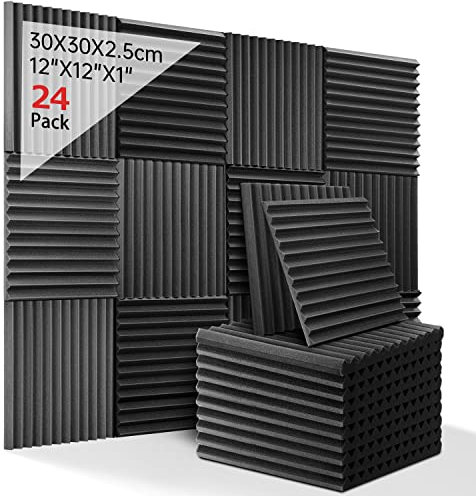 Kuchoow Schallabsorber Akustikschaumstoff, 24 Stück Schwarz Acoustic Foam für Podcasts, Aufnahmestudios, Büros, Home Learning, Akkustik Schaumstoffmatte (30 x 30 x 2.5 cm)