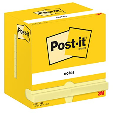 Post-it Notizen Kanariengelb, liniert, Packung mit 12 Blöcken, 100 Blatt pro Block, 76 mm x 127 mm, Farbe: Gelb - Selbstklebende Notizzettel für Notizen, To-Do-Listen und Erinnerungen