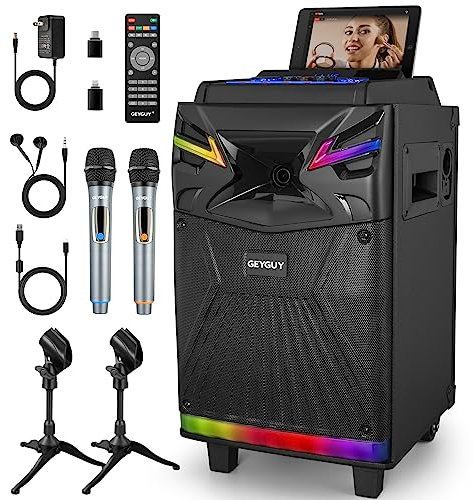 DSP Altavoz Karaoke Portátil, 2 Micrófonos Inalámbricos, Sistema PA 10, Auriculares incluidos, Luz de Fiesta DJ/Efectos de Sonido/Bluetooth/Luces DJ/FM/USB-C GTSK10-1