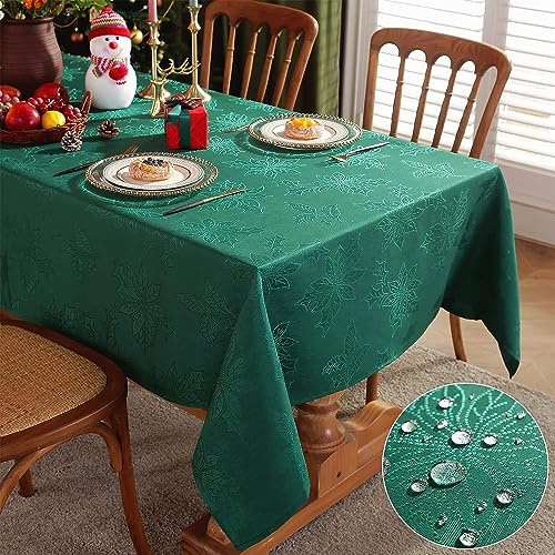 Jacquard Christmas Tablecloth Rectangle 132 x 182 CM, Spill Proof Oil Proof Wrinkle Free Holly Leaves Damask Xmas Table Cloth, Polyester Table Cover for Dining, Party, Holiday, Indoor, Outdoor, Green