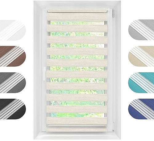 Birrke® Doppelrollo Ohne Bohren/Mit Bohren 2in1 80 x 230 cm - Tag und Nacht Duo Rollo für Sonnenschutz und Sichtschutz - Doppel Rollo - Einfache Montage Flachs