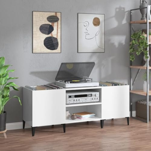 Tidyard Mobile per dischi, scaffale CD, mobile giradischi, mobile per disco, mobile per vinile, compensato bianco lucido, 121 x 38 x 48 cm