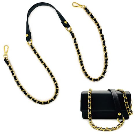 Zzcy Kettenriemen Leder Taschenkette Schwarz 120cm Taschenriemen Metall Gold Handtaschen Metall Ketten Schultergurt für Taschen Umhängetaschen, Handtaschen