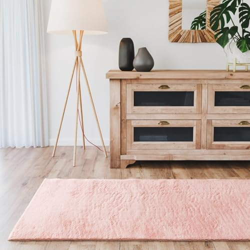 Interiyou Fargo - Teppich Wohnzimmer 80x250 cm Rosa - Kurzflor Waschbar und rutschfest - Flauschiger Fellteppich aus Kunstfell - weicher Langflor Fell