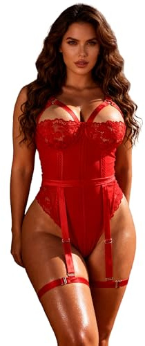 ohyeahlady Women Plus Size Lingerie Sets Underwire Bodysuit Teddy Outfits | Stretch Mesh Bodysuit with Snap Crotch, Integrated Adjustable Leg Rings, Soft Lace Basques and Suspenders,Outfits for Bedroom