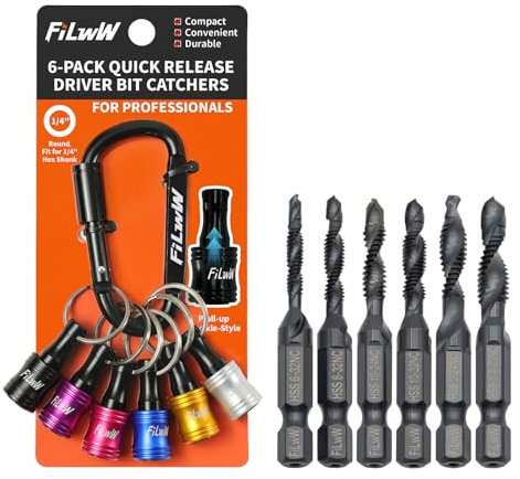 FiLwW 6pcs HSS Combination Drill & Tap Bit Set with Bit Holder Keychain, 1/4” Hex Shank Screw Tapping in SAE Size 6-32nc 8-32nc 10-24nc 10-32nc 12-24nc 1/4-20nc with Anti-Rust Black Coating