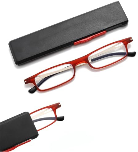 OWTXIS Ultra thin Folding Reading Glasses for Women Men Compact TR90 Blue Light Blocking Readers with Portable Slim Flat case (Red, +2.00)