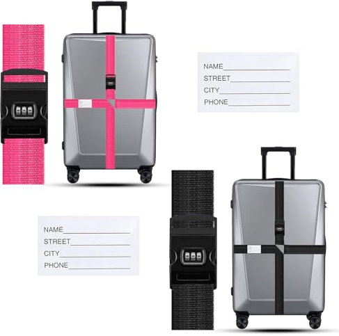 2 Stück Kreuzgurt Koffergurt mit Zahlenschloss, 4,2 M Auffällig Kofferband mit Schloss und Namensschild Kofferbänder Koffergürtel Koffer Gurt Gepäckgurt für Sichere Reisen