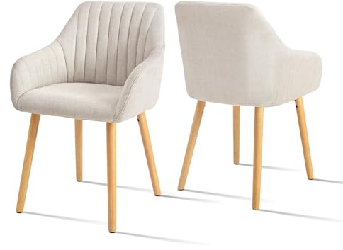 Goeurvant Chaises Beige Salle à Manger Lot de 2 avec Accoudoirs Chaises Fauteuil rembourrée en Polyester avec Pieds en Bois pour Salon Cuisine et Bureau