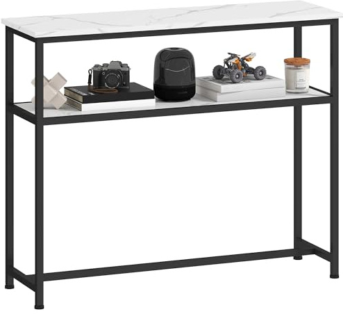 HOMCOM Mesa Consola Moderna 100 cm Consola Recibidor Estrecha con Superficie con Efecto Mármol Estante Abierto y Marco de Metal Mesa de Sofá para Entrada Sala de Estar Blanco