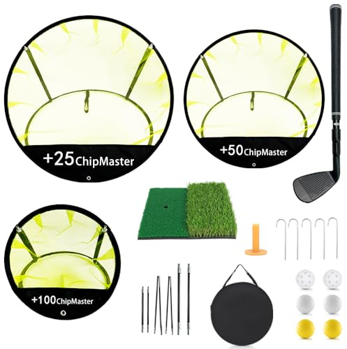 Ausluofell Golf Practice Net - 6.1 x 6 x 5.35 m Indoor & Outdoor, Golf Hitting Net Set of 3 with30×30 hitting mat, 1 Putter, 6 Balls, 1 Rubber Tee & 5 hooks for Kids & Adults