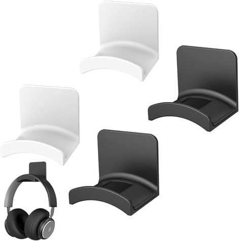 Set da 4 Supporti Universali per Cuffie - Gancio Appendi Cuffie con Adesivo Forte per Parete e Scrivania - Staffa per Cuffie da Gaming, Auricolari - Organizzatore Scrivania Nero e Bianco