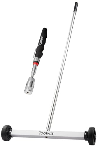 Toolwiz 17 Rolling Magnetic Sweeper 10lbs, with 8 lbs Telescopic Magnetic Pick Up tools with LED light–Lightweight Pick-up Sweeper with Wheels for Nails, Screws & Metal Debris Home Use Workshop