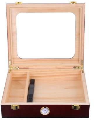 UKCOCO Humidor de Madera con Higrómetro y Tapa Abatible de Vidrio Transparente, Caja Hermética para Cigarros Portátil Marrón, Estuche de Viaje para Almacenamiento y Conservación