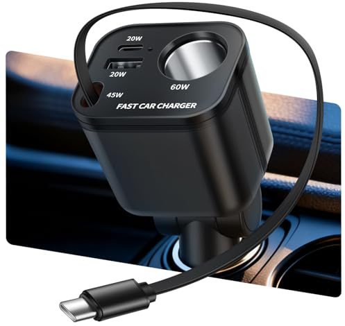 Cigarette Lighter USB C Splitter 145 W, USB A & USB C Car Charger Adapter with Retractable Type C Cable for 12 V/24 V Car 30 W Quick Charger for iPhone 17 ProMax Samsung