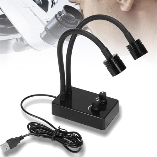Lab Microscope Illuminator Lamp, LED Spot Light with Dual Gooseneck, Stepless Brightness Adjustable, Color Temperature 6500K, for Stereo Microscope Accessories