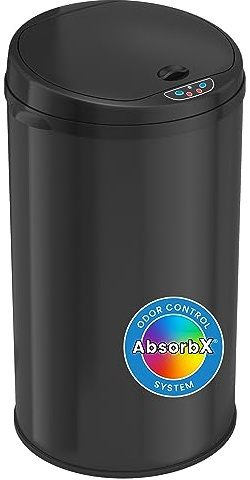 iTouchless 8 Gallon Trash Can with Odor Filter, Black Stainless Steel Round Garbage Bin for Home Office Work Bedroom Living Room Garage, Large Capacity Slim Wastebasket.