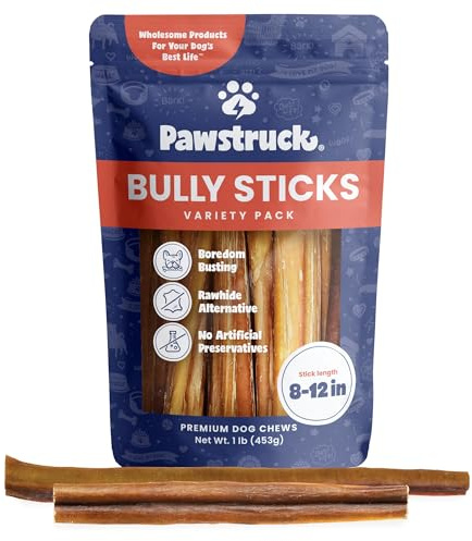 Pawstruck Bâtonnets naturels pour chiens de 20,3 à 30,5 cm – Meilleur durable, sans cuir brut, à faible odeur et sans céréales – Ingrédient unique sain 100 % vrai bœuf – Sac de 0,5 kg – L'emballage