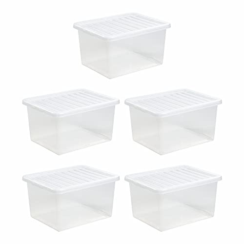 (Set of 5) 35L Litre Crystal Clear Transparent Plastic Large Storage Boxes With Lids Storage Containers Stackable Boxes For Living Room Bedroom Shoes Toys Garage Office Home & Kitchen