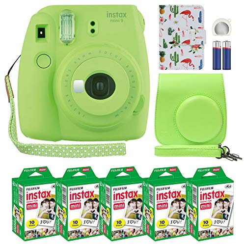 Fuji Instax Mini 9 Instant Camera Lime Green with Custom Case + Film Value Pack (50 Sheets) Flamingo Designer Photo Album for Fuji instax Mini 9 Photos