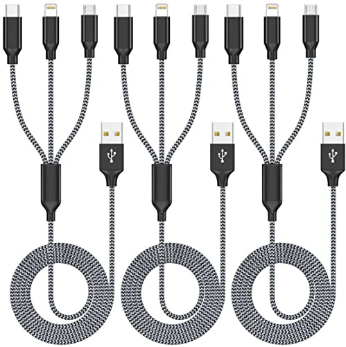 Xnewcable Multi Charging Cable 4ft 3Pack 3 in 1 Charger Cord, Multiple Rapid Nylon Braided Cable USB Charging Cable Multi Phone Charger Cord with Type C Micro Lightning USB Connectors for Cell Phones