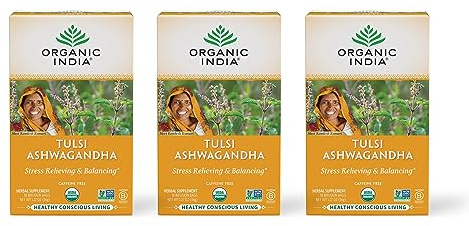 ORGANIC INDIA Calming Tulsi Ashwagandha Herbal Tea - Holy Basil Tea with Ashwagandha Root, Supports Restful Sleep - Adaptogen, Vegan, USDA Certified Organic, Non-GMO - 18 Infusion Bags, 3 Pack