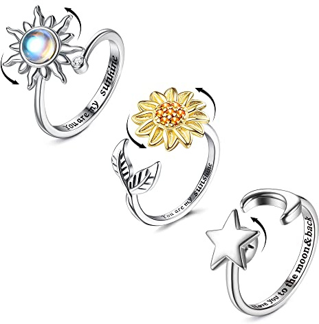Jstyle Fidget ångestring för kvinnor spinner fidget ring solros fidget ringar för ångestlindring stressring justerbara pärlor måne stjärna blomma snurrande anti-ångest ring fidget smycken present A,