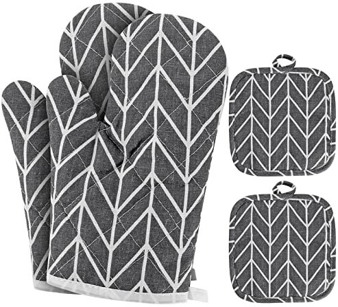 WT Guanti da Forno con 2 Cuscinetti isolanti,Presine da Cucina Morbida in Cotone per Arrostire, Cuocere, Grigliare, Cuocere al Forno(nero)