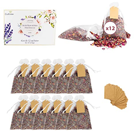 CULTIVEA® 12 bustine di fiori secchi e petali di lavanda - Rosa e lavanda - Decorazione San Valentino, compleanni, matrimoni, pot-pourri - Biodegradabile, deodorante, naturale, profumato