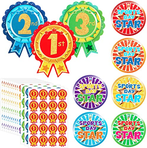 Tenare 300 Sports Day Stickers for Kids, 240 Star Animal & 60 1st 2nd 3rd Participation Rosette Award Stickers for School PE for Events Competitions and Classroom Rewards(Classic Style)