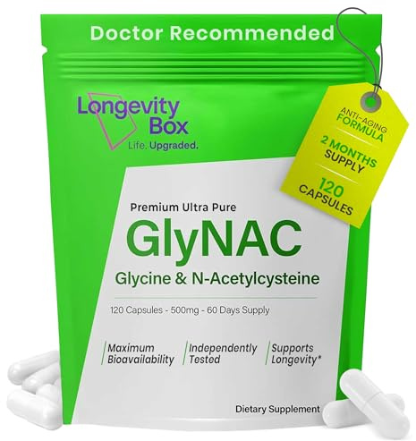 Longevity Box GlyNAC 1000 mg con 500 mg de glicina y 500 mg de NAC, 120 cápsulas, suplemento dietético para la producción de glutatión y el mantenimiento de la función celular