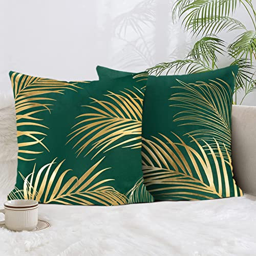 Bonhause 2er Set Kissenbezüge Goldene Blätter 40 x 40 cm Samt Soft Grün Dekorative Kissenhülle Goldfolien-Druck Zierkissenbezüge für Sofa Schlafzimmer Wohnzimmer Zuhause Dekoration