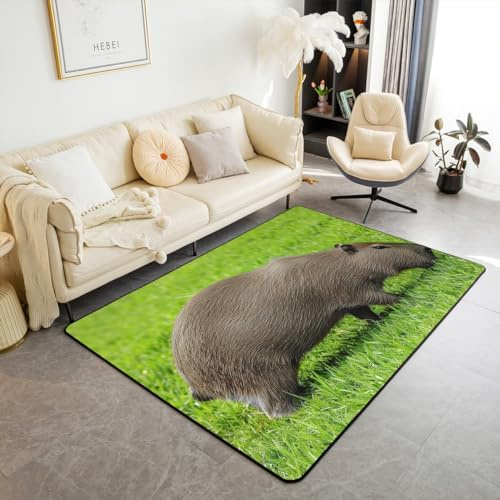 Cute Capybara Area Rug 3x5 for Living Room Bedside, Kawaii Decor Relaxing Capybaras Rug for Capybara Lover, Rodent Wildlife Animals Carpet, Nature Themed Decorative Accent Rug Non Shedding