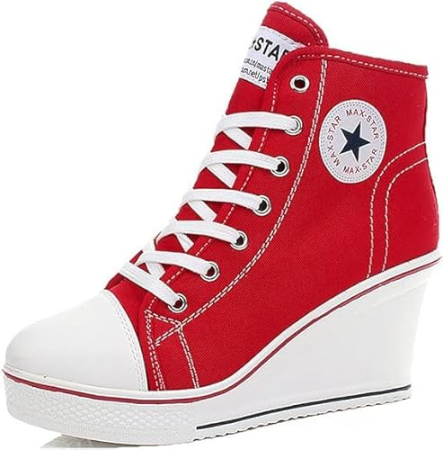 nulala Sneaker da Donna in Tela, con Zeppa, Scarpe da Ginnastica con Tacco Alto, Scarpe da Donna con Plateau per Lo Sport, Il Tempo Libero, Colore: Rosso, 41 EU
